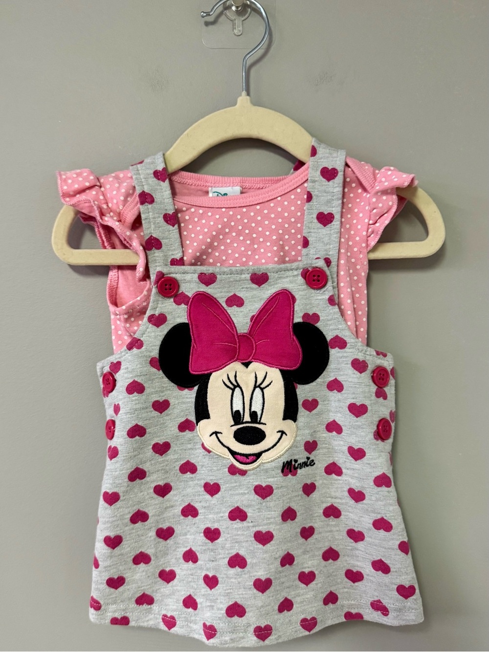 Disney Pink and Gray Minnie Heart Overall Dress with Polka Dot Tank Onesie